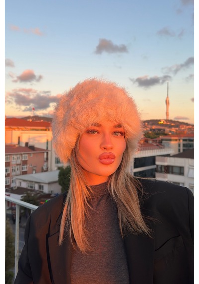 Mollycrush Elit Rus Slav Tarzı Suni İçi Deri Peluş Tüylü Kadın Kalpak Şapka Bej