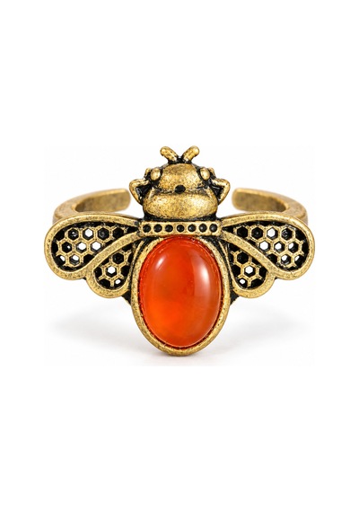 Esoo Jewelry Arı Figürlü Akik Taşlı Ayarlanabilir Kadın Yüzük Antik Pirinç Gold