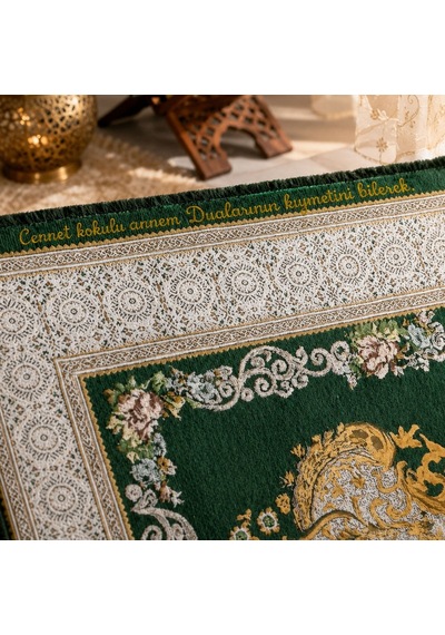 Bk Gift Kişiye Özel Nakış İşlemeli Çiçek Desenli Kendinden Saçaklı Yeşil Renk Hediyelik Seccade