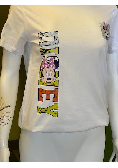 %100 Pamuk Basik Bisiklet Yaka Örme Mickey Mause Minny Mause T-shirt Beyaz