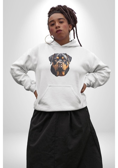 Rottweiler Kafası Kadın Erkek Beyaz Kapüşonlu Sweatshirt Hoodie Beyaz