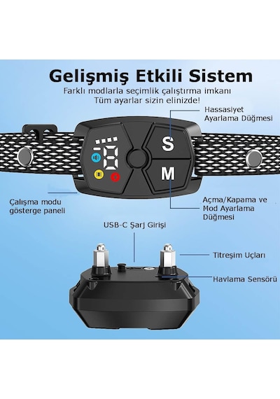 T368g Havlama Önleyici Köpek Tasması Şarjlı, Suya Dayanıklı, Uyarı Seçimli, Led Ekranlı Havlama Eğitim Tasması