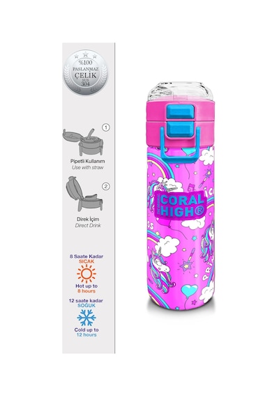 Coral High Kids Mor Açık Pembe Unicorn Desenli Pipetli Ve Direkt İçim Çelik Termos 500 Ml 31978 Açık Pembe - Pembe