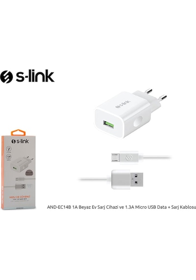 S-Link And-Ec14B 1A Beyaz Ev Sarj Cihazi Ve 1.3A Micro Usb Data +