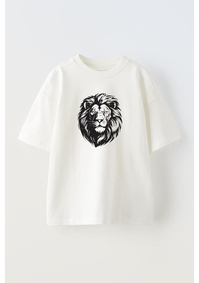Thewert Unisex Lion Face Silhouette Aslan Tasarım Baskılı Pamuk Beyaz Oversize T-shirt