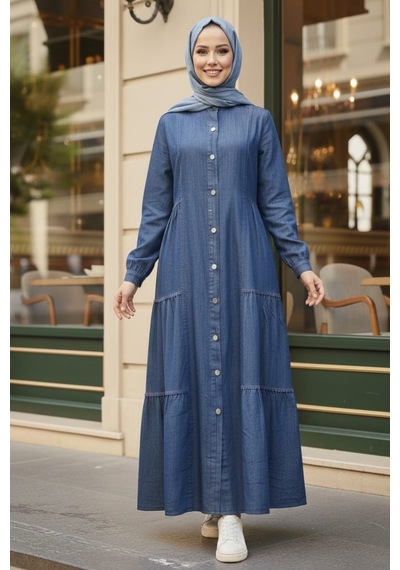 Hb Harma Time Butik Kadın Düğmeli Dantel Detaylı Koyu Mavi Kot Elbise Hb Harma Time Butik Kadın Düğmeli Dantel Detaylı Koyu Mavi Kot Elbise