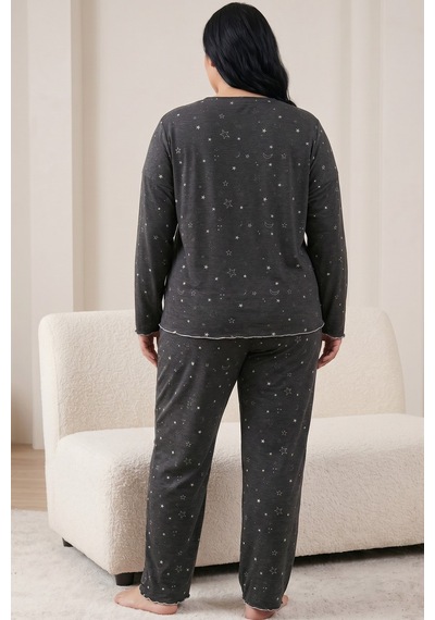 Siyah İnci Büyük Beden Battal Boy Örme Pijama Takım26240922 Antrasit