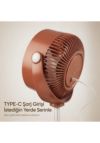 Teleskopik Ayaklı Hem Masaüstü Hem Dikey 79 Cm Şarjlı 3 Kademeli Fan Vantilatör 360