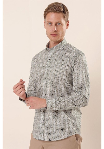 İmza Beyaz Uzun Kollu Baskılı Cepsiz Pamuklu Likralı Casual Slim Fit Dar Kesim Gömlek 1004230134-beyaz Beyaz