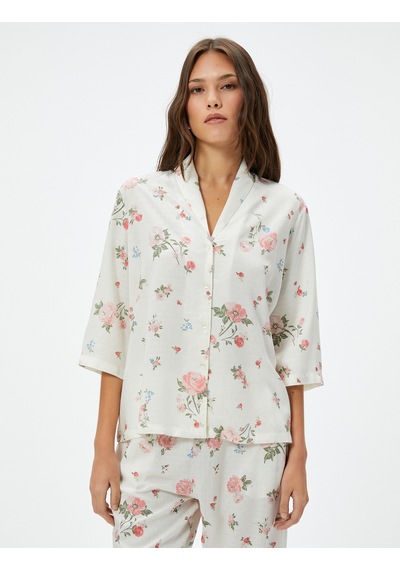 Koton Çiçekli Düğmeli Pijama Üstü Yarım Kollu Ekru Desenli 4slk50045mw Ekru Koton Çiçekli Düğmeli Pijama Üstü Yarım Kollu Ekru Desenli 4slk50045mw Ekru