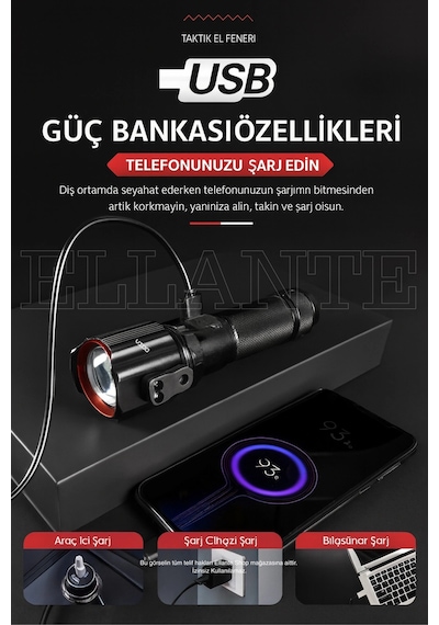 Şarj Edilebilir Led El Feneri 1500 Lümen Güçlü Işık, Çok Fonksiyonlu Ve Dayanıklı Tasarım Çok Renkli