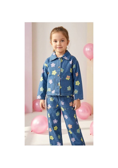 Poala Kids Çiçekli Kot Takım Çok Renkli