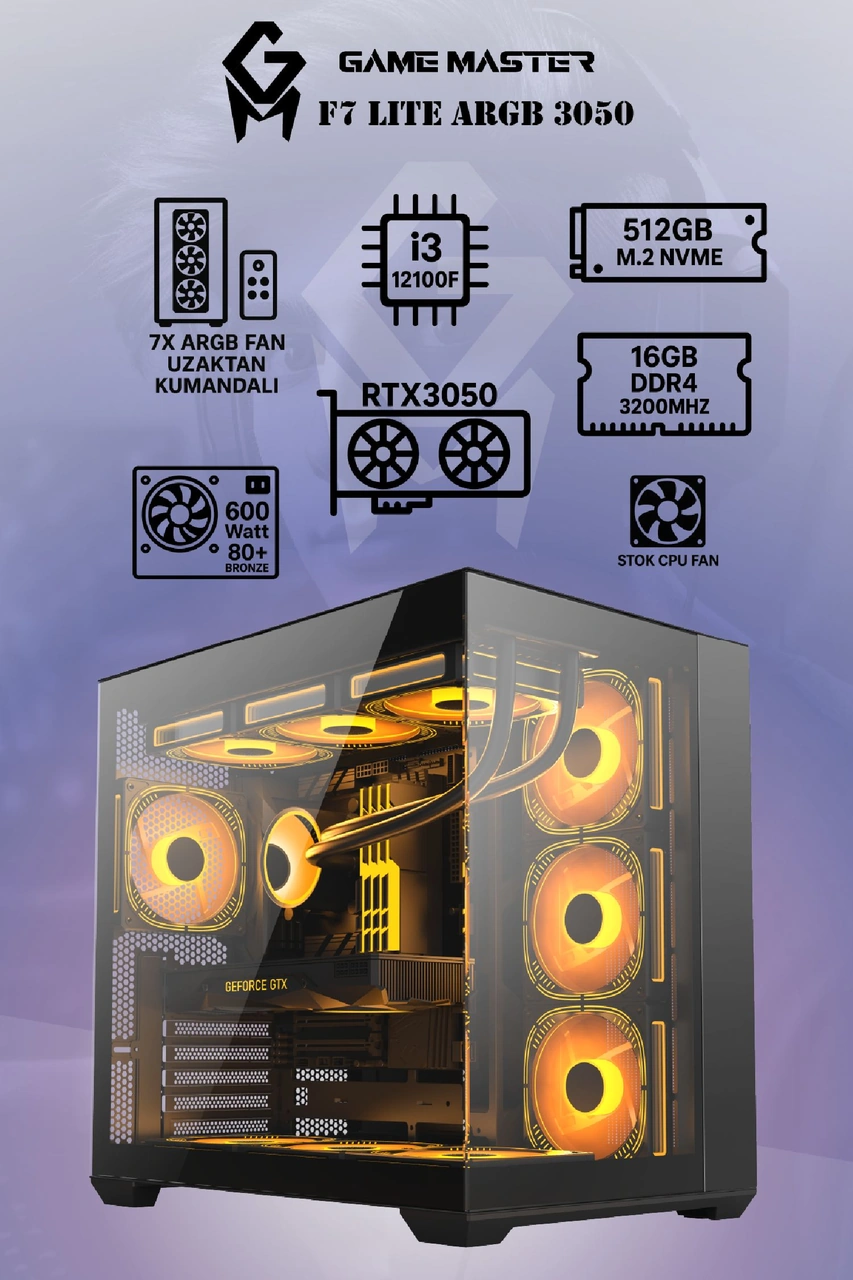 Game Master F7 Lite i3-12100F 16 GB 512 GB RTX3050 Dos Masaüstü Oyuncu Bilgisayarı