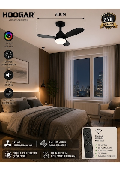 German New Black Super Fan 60 Cm Kalın Kanat Dim Ayarlı Tavan Vantilatörü Rgb Led 16 Renk Sessiz Sinek Kovar