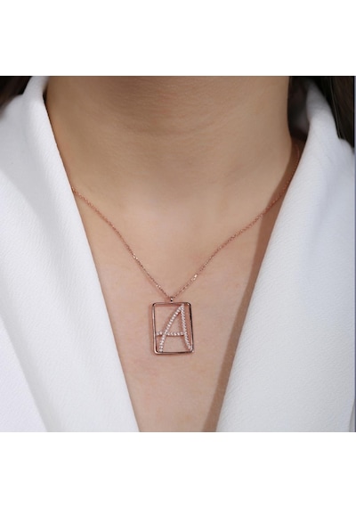 A Harfi Zirkon Taşlı Rose Gold Kaplama Çerçeveli Gümüş Kolye Gümüş