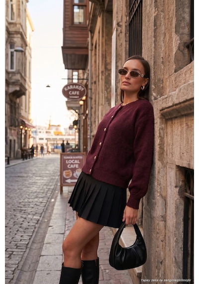 Lela Premium Regular Fit Bisiklet Yaka Yumuşak Dokulu Bayan Hırka 680Hi00147 Bordo