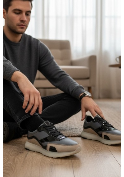Enoch Erkek Casual Sneaker - Hakiki Deri Detaylı Hafif Taban Günlük Yürüyüş Ayakkabısı Gri