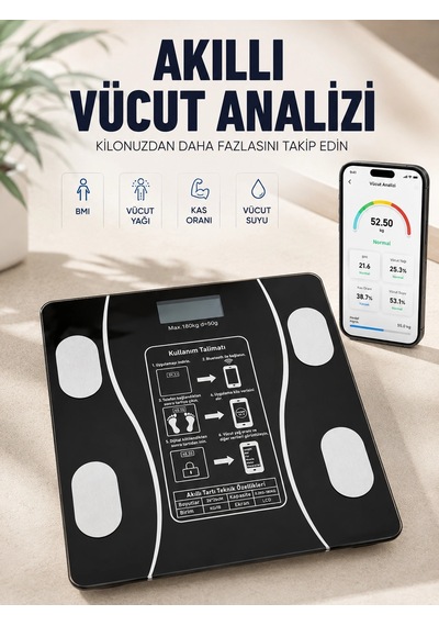 Akıllı Vücut Analiz Baskülü Bluetooth Bağlantılı 4 Sensörlü Lcd Ekranlı Dijital Tartı