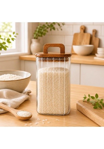 700 Ml Kare Line Cam Kavanoz Ahşap Kapaklı Kulplu Saklama Kabı Çok Renkli