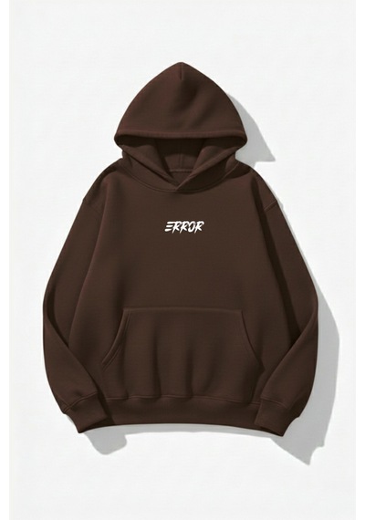 Uyguntarz Unisex Yumuşak Dokulu Error Baskılı Tasarım Oversize 3 İplik Hoodie Sweatshirt Kahverengi