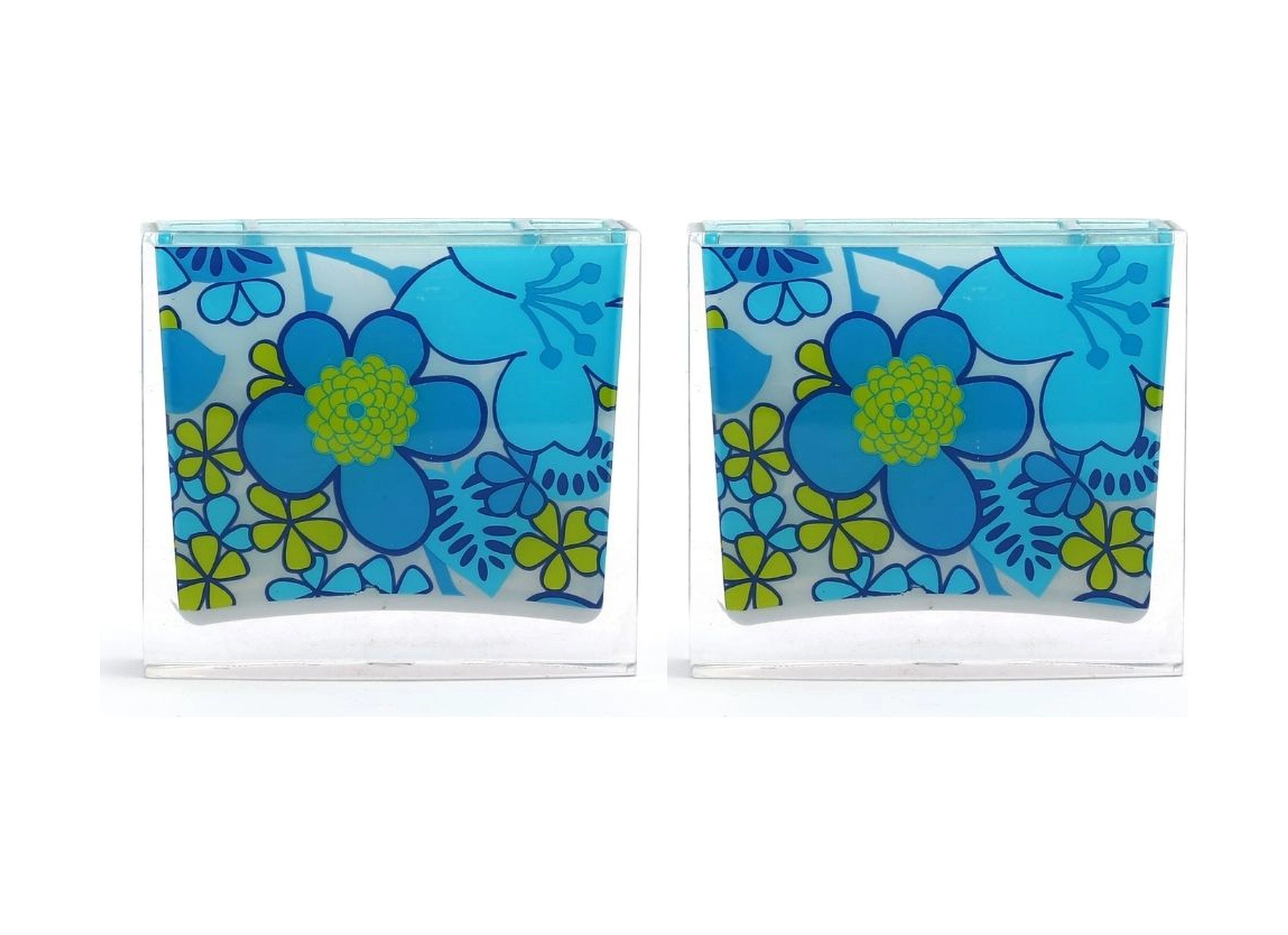 2 Adet Diş Fırçalık Mavi Çiçekli Akrilik 10x10x3cm Banyo Seti Çok Renkli