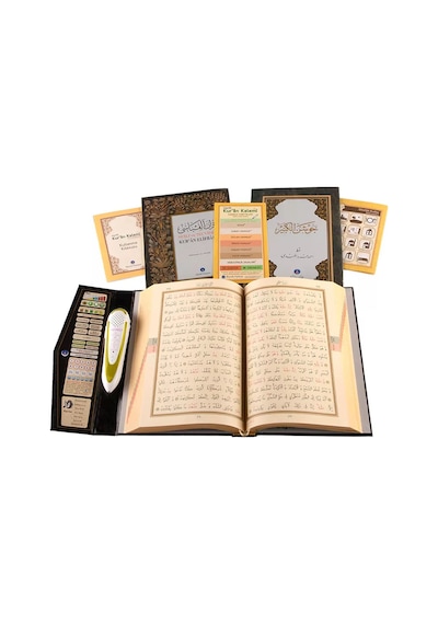Kabe Desenli Kuran Okuyan Kalem Orta Boy Kuranı Kerim Elifba Cevşen Seti Siyah