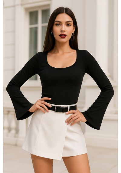Rich Kadın Siyah Soft Touch Fitilli Çan Kollu Bluz Siyah