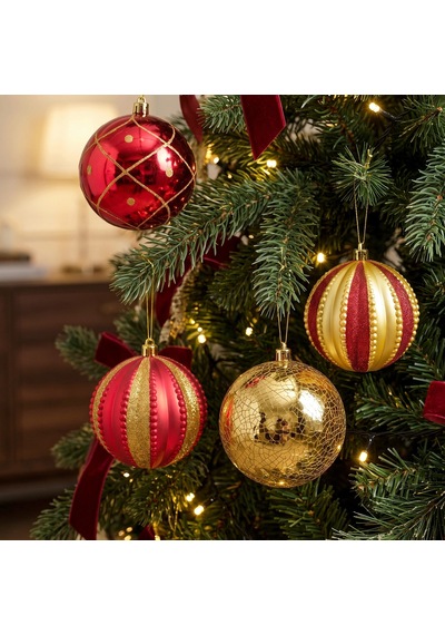 Karaca Home New Year 4'lü Ağaç Süsü Kırmızı Gold Diğer