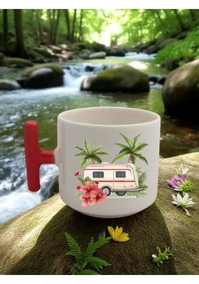 Çiçek Ve Karavan Baskılı 3'lü Kırmızı Kulplu Seramik Kupa Bardak Beyaz