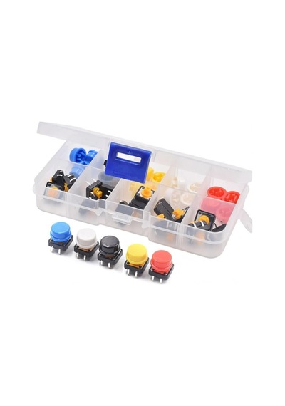 Kutulu 12x12mm 25 Adet Başlıklı Tact Buton Set 4 Pin 5 Renk Dokunmatik Anlık Basmalı Düğme Dvm.101.061
