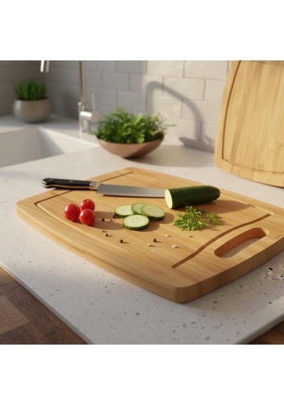 Antibakteriyel Bambu Kesme Tahtası 34x24 Cm Oluklu, Saplı Dikdörtgen Doğrama Tahtası Hijy