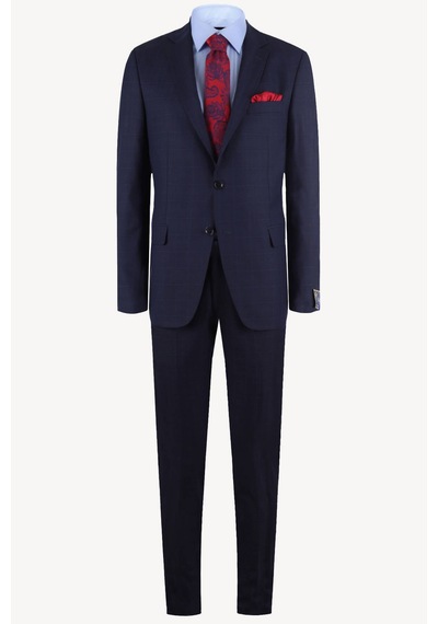 Erkek Lacivert Kareli Yünlü Slim Fit Takım Elbise