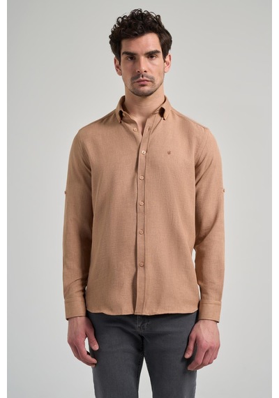 İmza Camel Kısalabilir Kol Düz Gabardin Düğmeli Yaka Cepsiz Casual Slim Fit Gömlek 1004250124 595 Camel