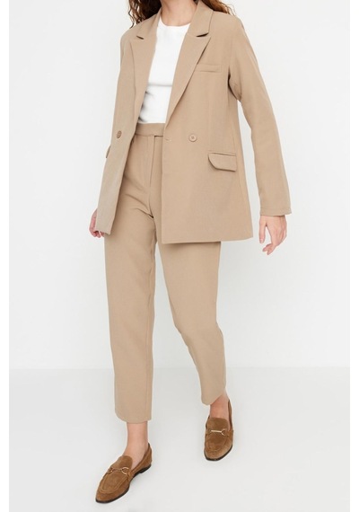 Ersefa Tarz Kadın Modern Moda Yüksek Bel Boru Paça Ceket Yaka Blazer Cek Vizon