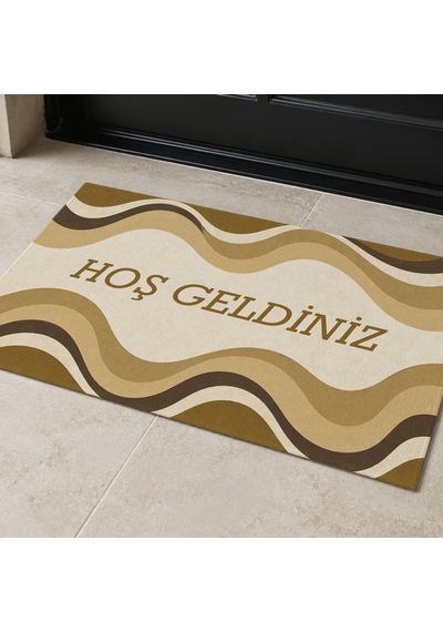 Kartela Halı Hoş Geldiniz Yazılı Retro Dalga Kapı Paspası Hardal Sarısı Kaymaz Kauçuk Taban 60x90 Cm