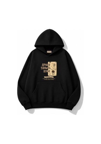 Herkesemoda Space Travel Baskılı Kanguru Cepli Oversize Sweatshirt Siyah