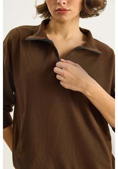 Shade Kadın Dik Yaka Yarım Fermuarlı Cep Detaylı Oversize Modal Sweatshirt 60601053 - Acı Kahve Çok Renkli