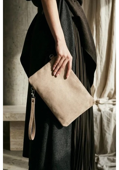 Adelina Bags Süet Portföy El Çantası Bilek Askılı Astarlı Vizon Clutch Çanta