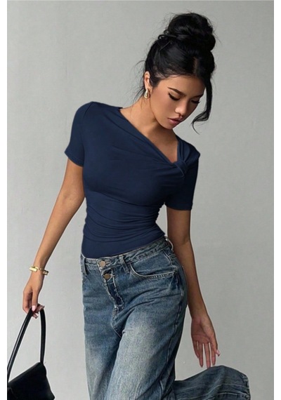 Kadın Çapraz Yaka Kısa Kollu Slim Fit Bluz Lacivert
