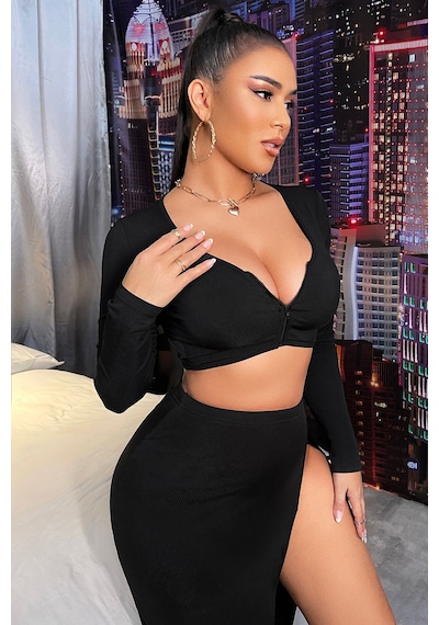 Angbutik Kadın Siyah Uzun Kol Göğüs Ve Göbek Dekolteli Fermuarlı Crop Top Bluz