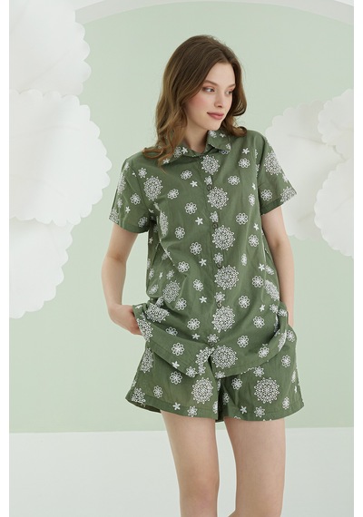 Nbb Kadın Yeşil Çiçek Desenli Şortlu Önden Düğmeli Pijama Takımı YESIL