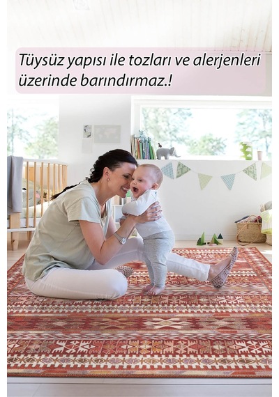 Folk Etnik Karabağ Desenli Dokuma Taban Dekoratif Kırmızı Halı Ba 43
