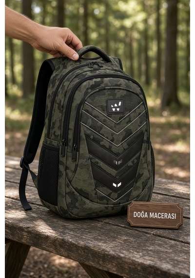 Komando Sırt Çantası Yeşil Kamuflaj 3 Gözlü Kamp Ve Outdoor 46x32x18 Cm Çok Renkli