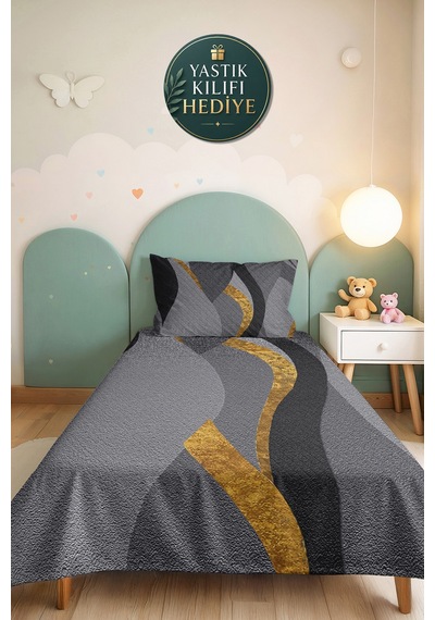 Gri Geometrik Modern Genç Odası Tek Kişilik Pike Takımı - Antrasit Gold 160x220 Cm Yatak Örtüsü Naif Anı Yumuşaklığı