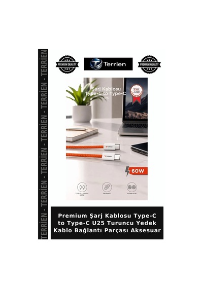 Premium Şarj Kablosu Type-c To Type-c U25 Turuncu Yedek Kablo Bağlantı Parçası Aksesuar