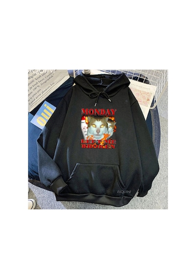 Tarzsokak Siyah Unisex Pazartesi Sol Bana Kırık Kedi Meme Kapşonlu Streetwear Hip Hop Rah Tarzsokak Siyah Unisex Pazartesi Sol Bana Kırık Kedi Meme Kapşonlu Streetwear Hip Hop Rah