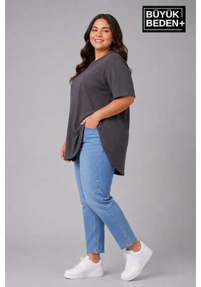 Superlife Büyük Beden Kadın Bisiklet Yaka Basic Oval Etek Detalylı 3xl-6xl Uzun Tunik Spr26btsk502 Antrasit