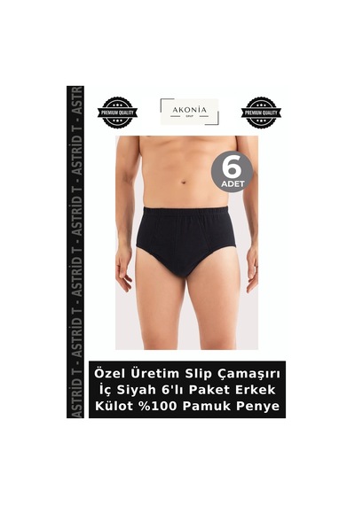 Astrid T Özel Üretim Slip Çamaşırı İç Siyah 6'lı Paket Erkek Külot %100 Pamuk Penye