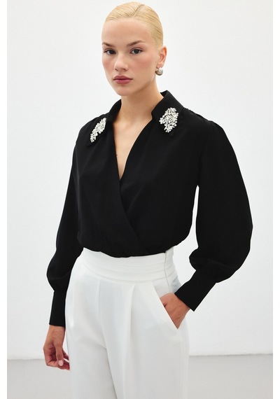 Sateen Aksesuar Detaylı Bodysuit Bluz - Siyah-134783
