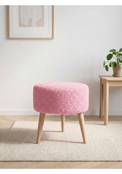 Pembe Welsoft Kumaş Yuvarlak Puf Ahşap Ayaklı Demonte Modern Puf Tabure 40x42 Cm